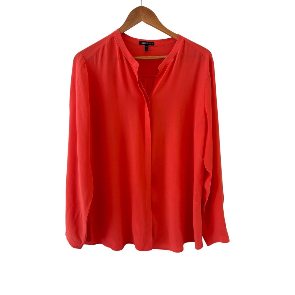 Eileen Fisher Silk V Neck Top L Orange Button Up Office Minimalist Classic